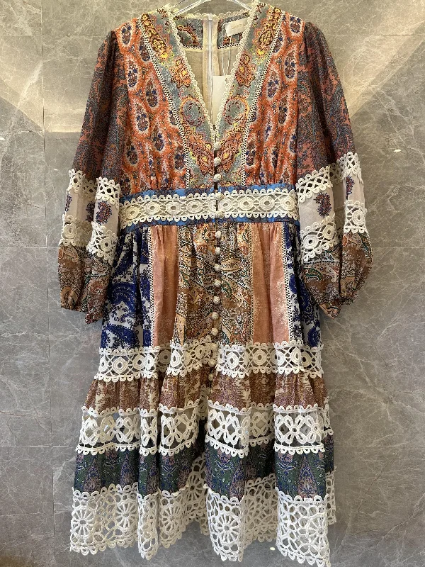 Zimmermann patchwork paisley print dress with lace trim and button details