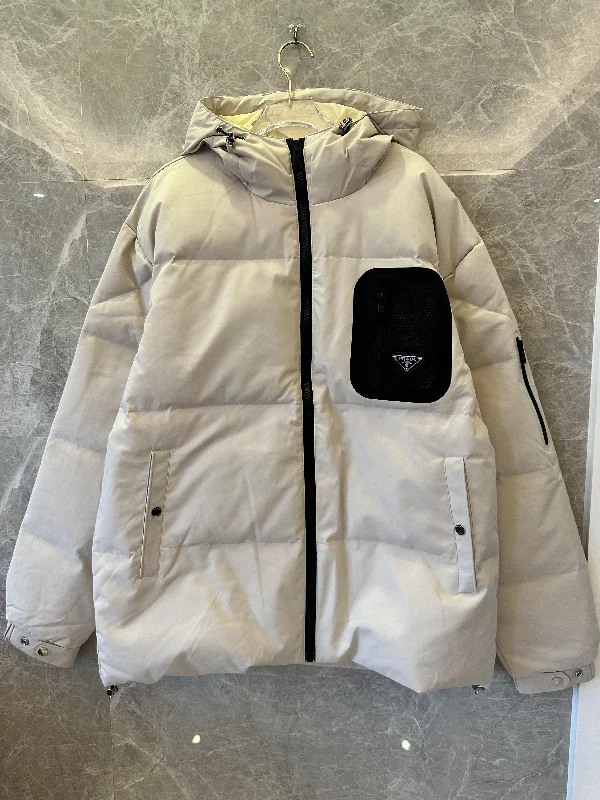 Prada classic beige hooded puffer jacket with black logo detail