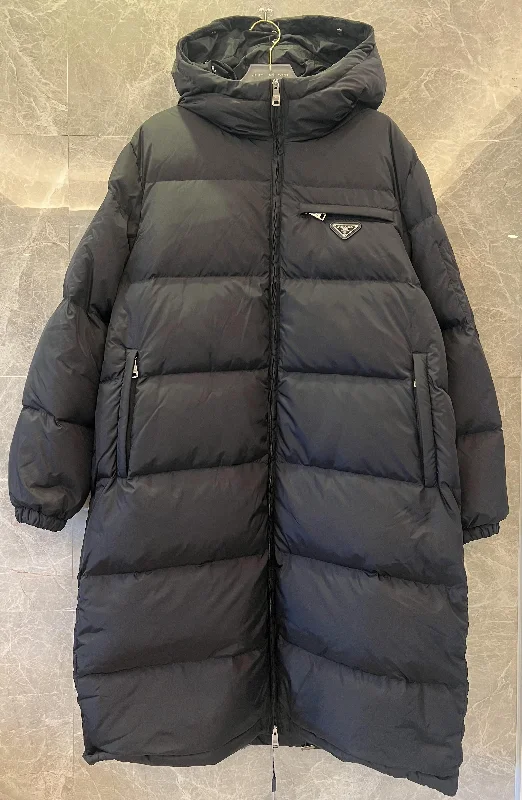 Prada down jacket with fur-trimmed hood in black