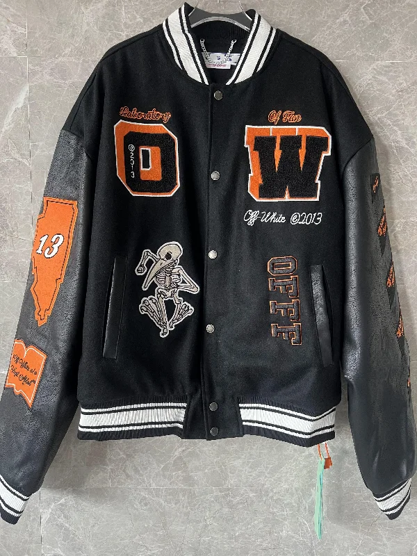 Off-White black varsity jacket with embroidered patches and skeleton design