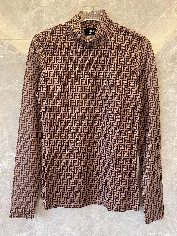 Fendi FF monogram long-sleeve turtleneck top in brown and black