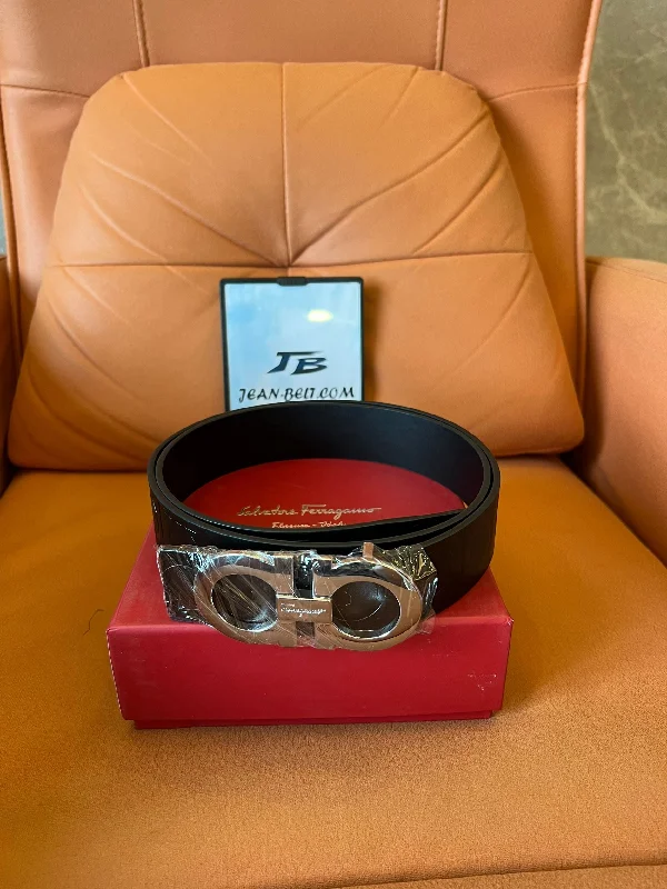 Salvatore Ferragamo black embossed leather belt with silver gancini buckle