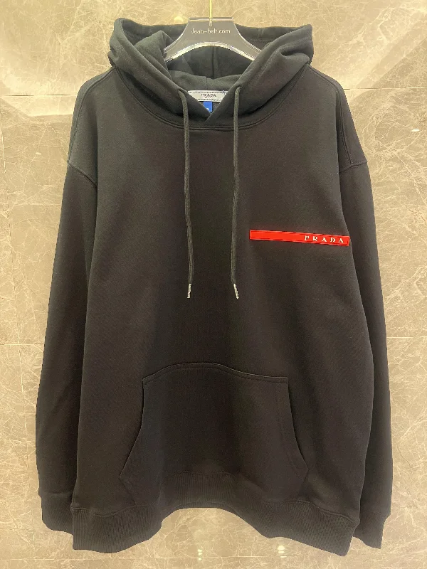 Prada men’s logo hoodie in black with red detail