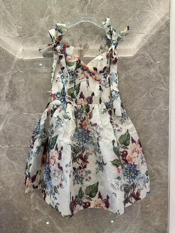 Zimmermann floral print dress with bow shoulder straps and matching belt