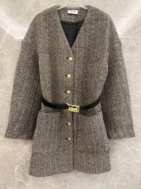 Celine herringbone wool coat with gold button detail and belt