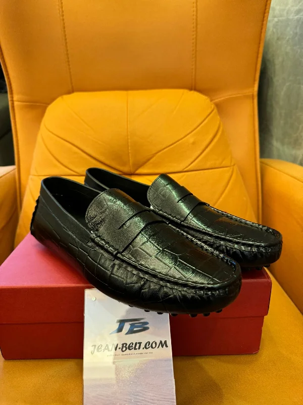 Salvatore Ferragamo men's black leather penny loafers with croc embossed design