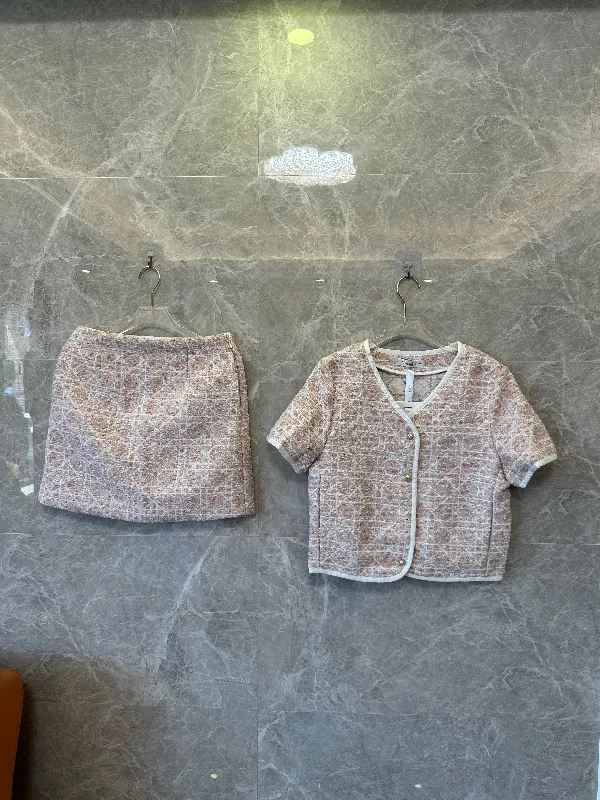 Dior Toile de Jouy rose pink two-piece set – short-sleeve jacket & A-line mini skirt