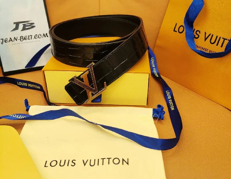 Louis Vuitton crocodile embossed leather belt with gold LV Initials buckle