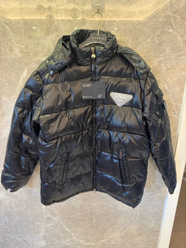 Prada black high-shine puffer jacket with hooded design