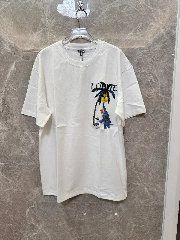 Loewe white cotton t-shirt with embroidered palm tree and elephant motif