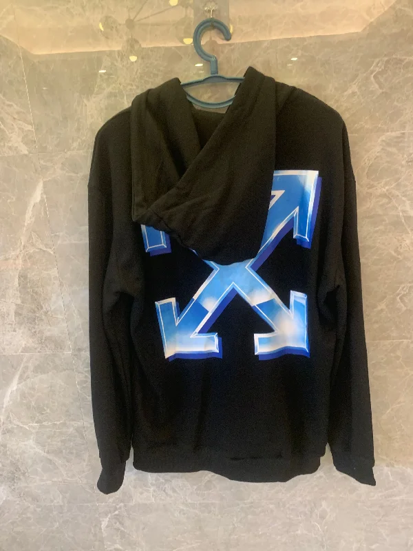 Off-White black hoodie with blue gradient logo and arrows