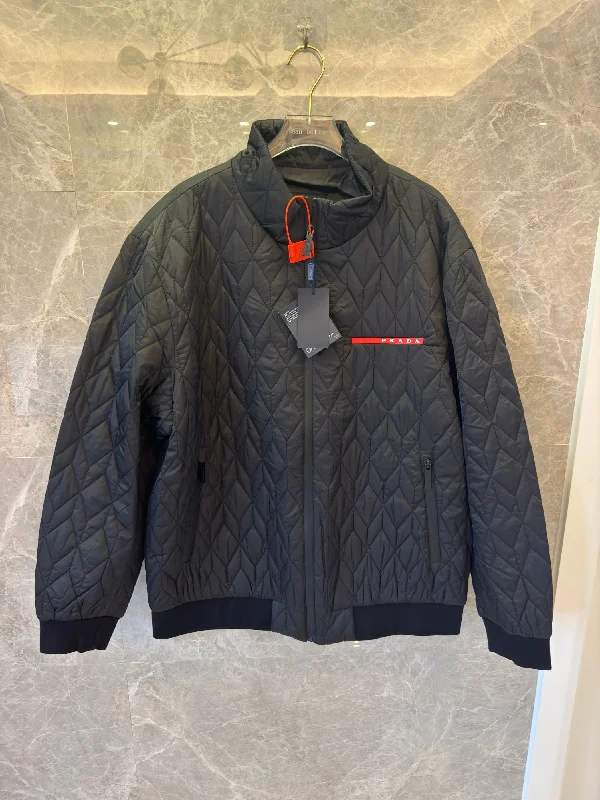 Prada black quilted jacket with red logo accent