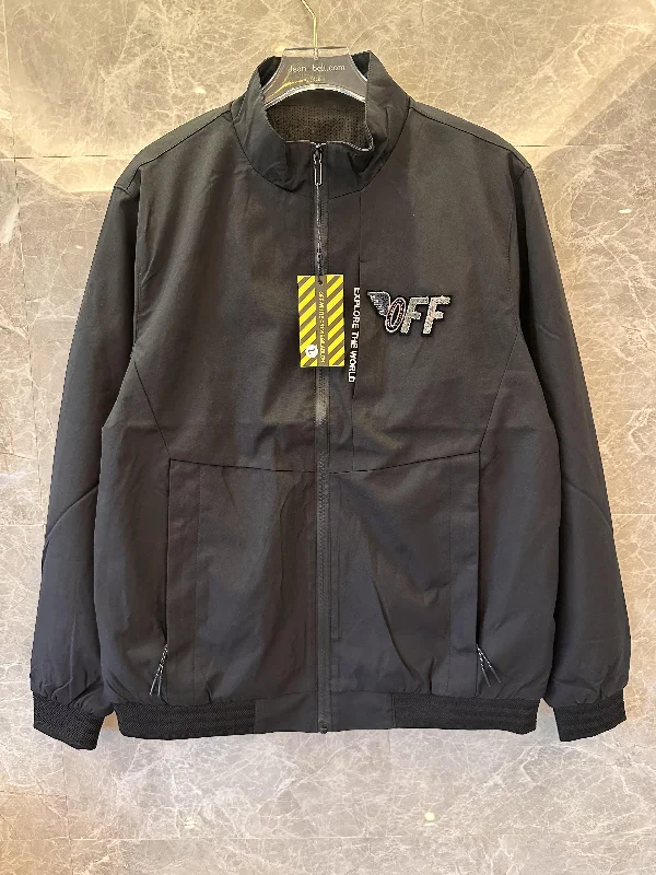 Off-White black jacket with "Explore the World" embroidery