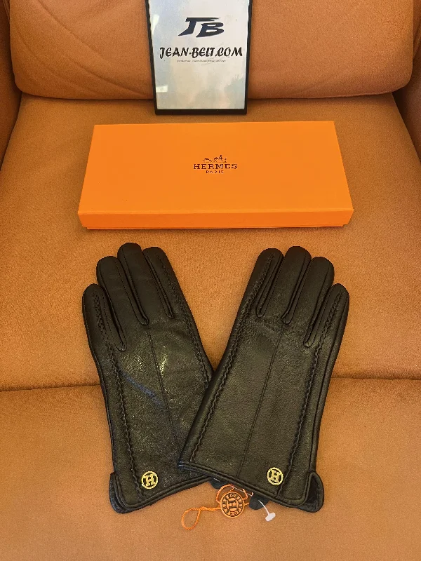 Hermes black leather gloves – elegant lambskin with gold H logo