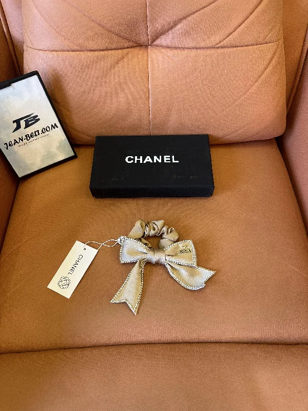 Chanel luxury bow hair scrunchie - beige with crystal trim