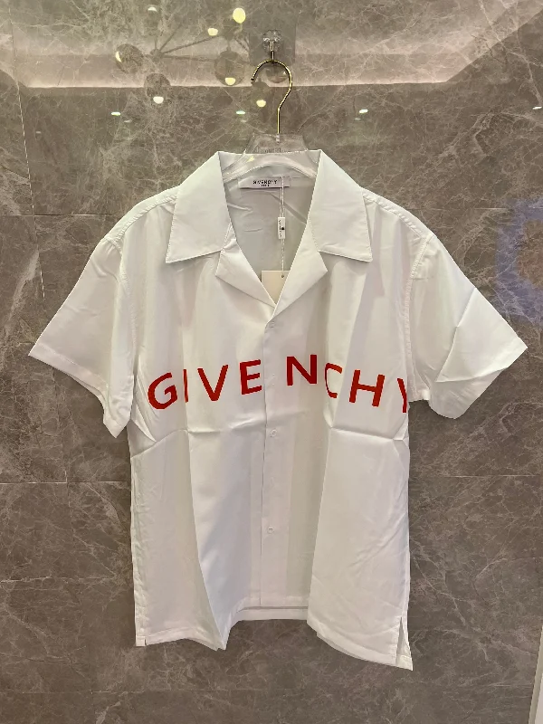 Givenchy white short-sleeve button-up shirt with bold red logo print