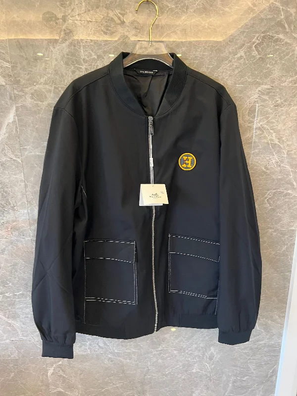 Hermes black nylon bomberjacket with yellow "H" logo patch