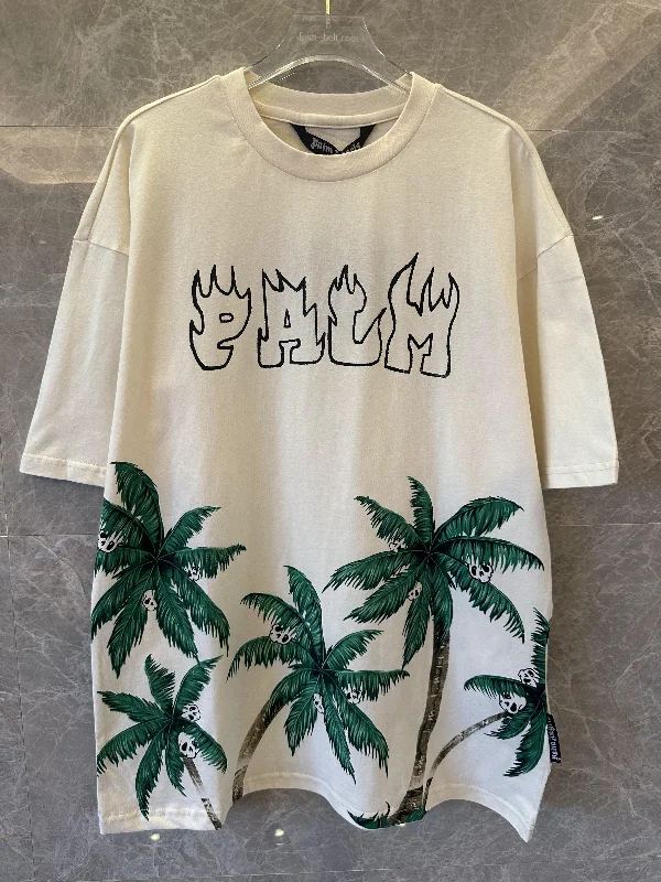 Palm Angels off-white t-shirt with flame logo and skull palm tree