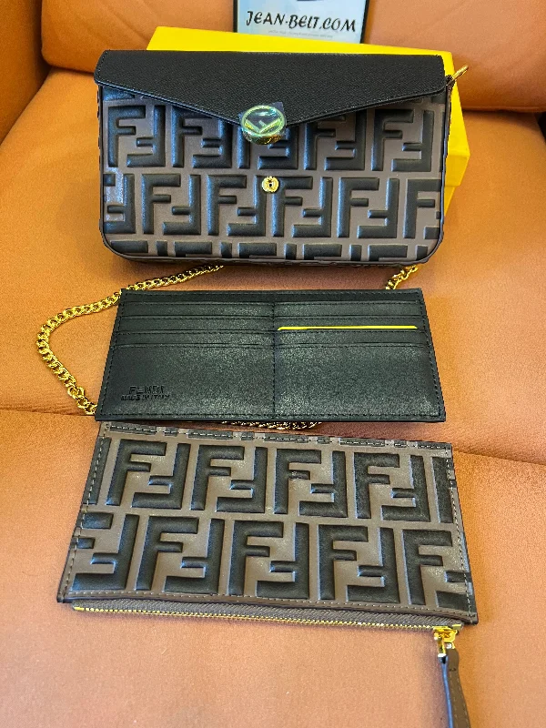 [3A Quality]Fendi wallet on chain with pouches&card holder brown leather ff embossed